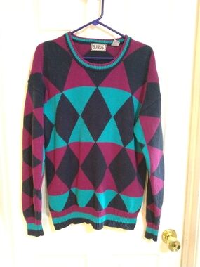 Vintage Aureus Purple/Teal/Navy Diamond Geometric Crew Neck Knit Ski Sweater